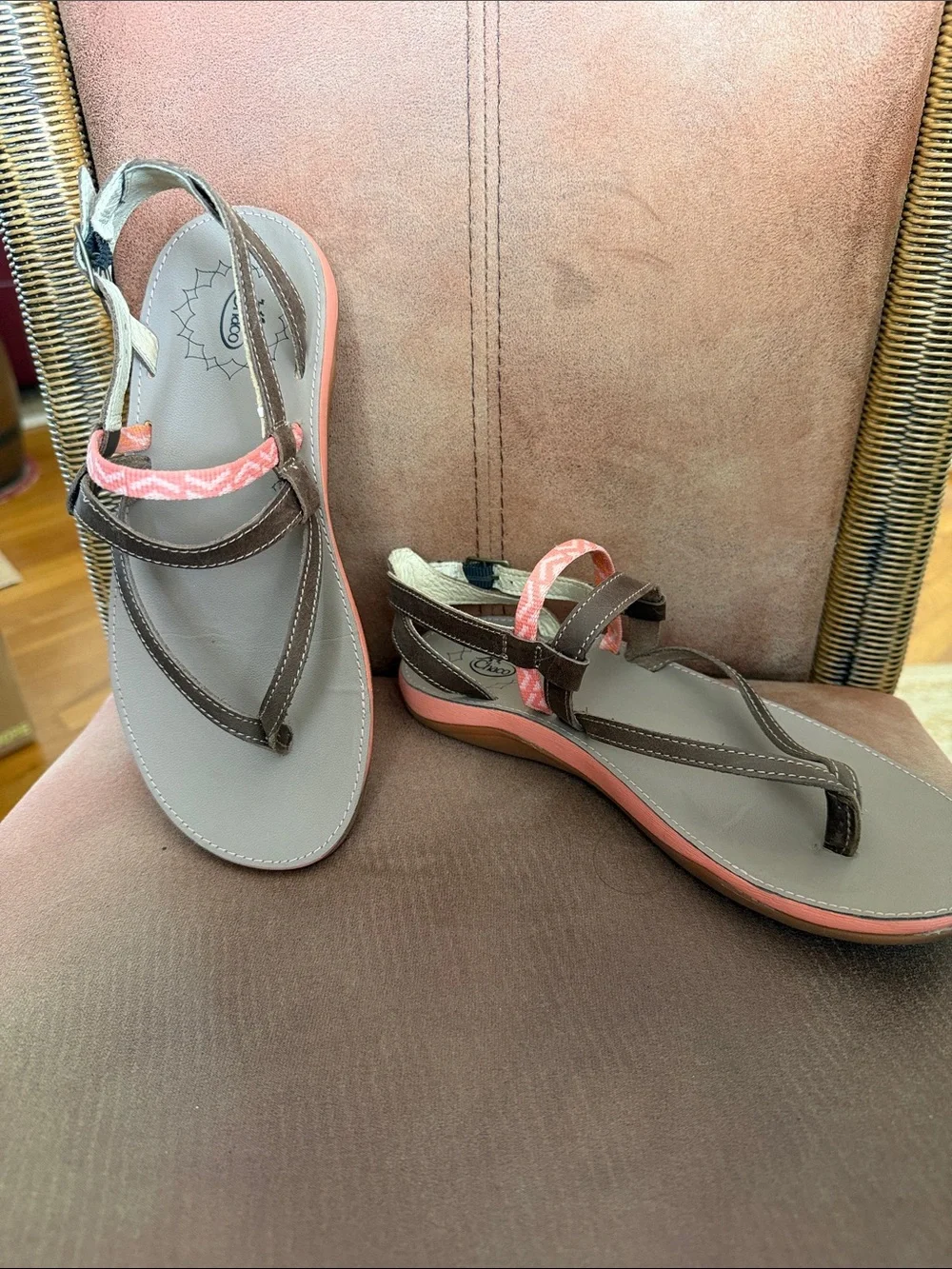 Chaco Women’s Leather Brown and Coral Strap Sandals